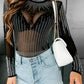 Black Rhinestone Sheer Mesh Long Sleeve Bodysuit
