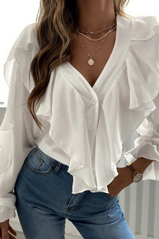 White Ruffles V Neck Puff Sleeve Shirt