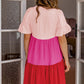 Pink Tie Button V Neck Short Flowy Sleeve Tiered Dress
