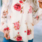 Beige Floral Print V Neck Button Down Blouse
