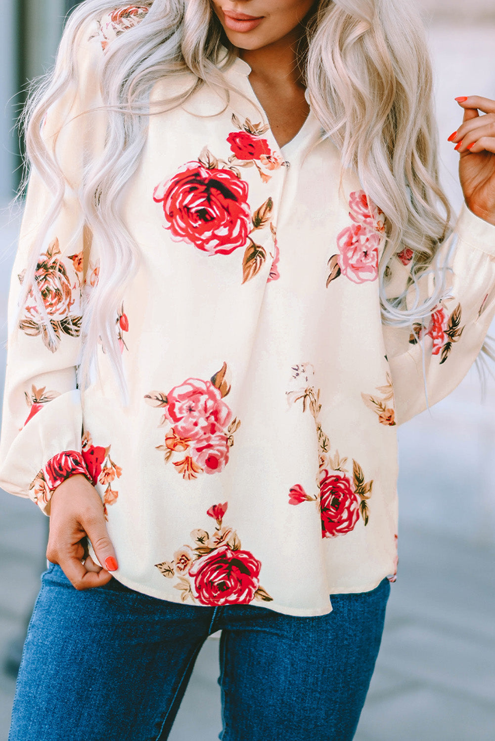 Beige Floral Print V Neck Button Down Blouse
