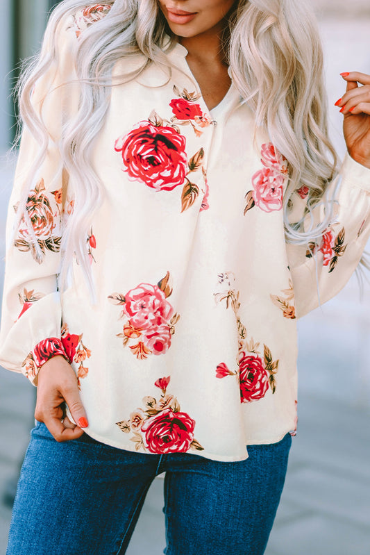 Beige Floral Print V Neck Button Down Blouse