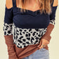 Leopard Color Block Cold Shoulder Blouse