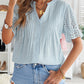 V Neck Eyelet Short Sleeve Pleated Blouse