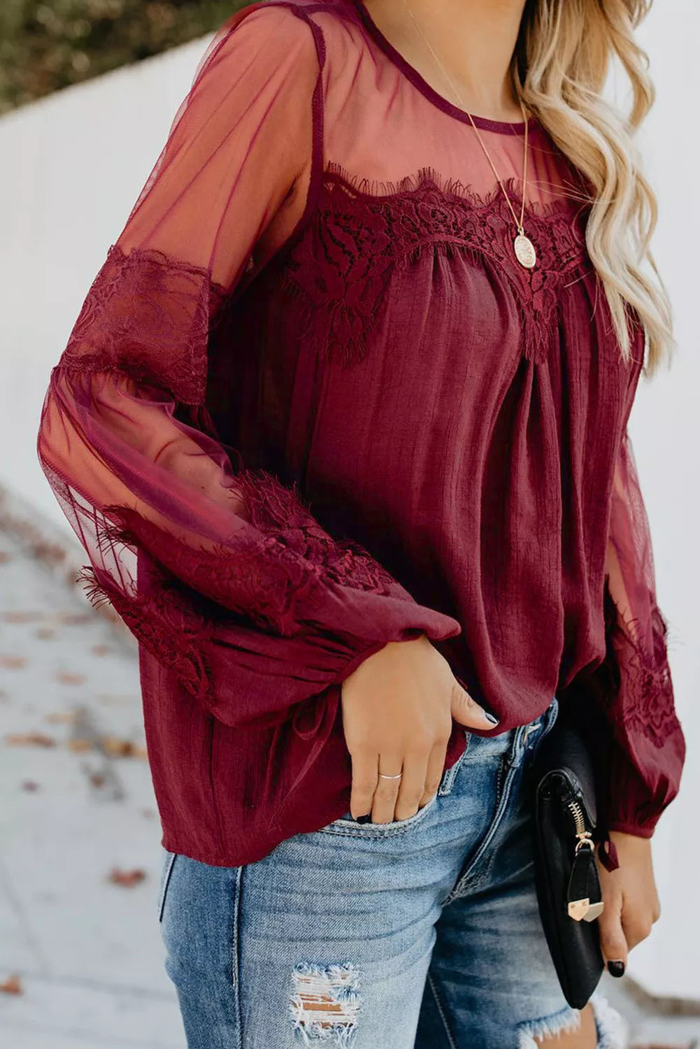 Fashion Lantern-Sleeve Lace Patchwork Top