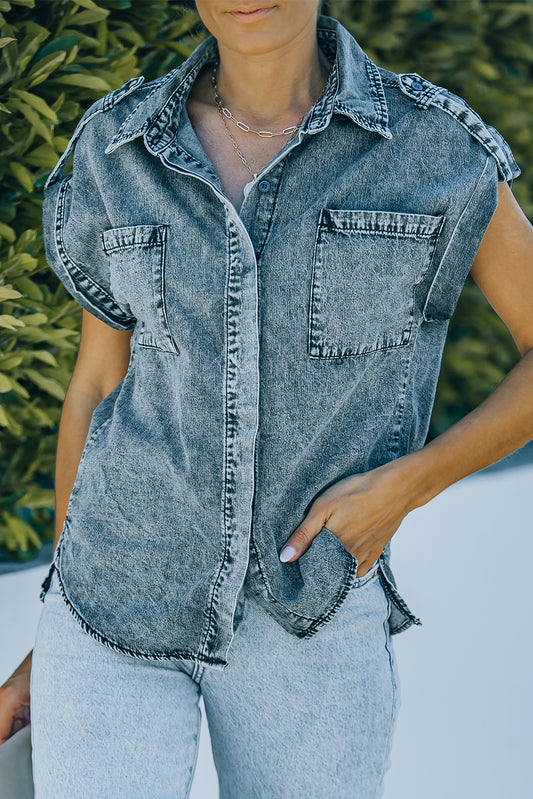 Rolled Sleeve Buttoned Denim Shirt with Pocket