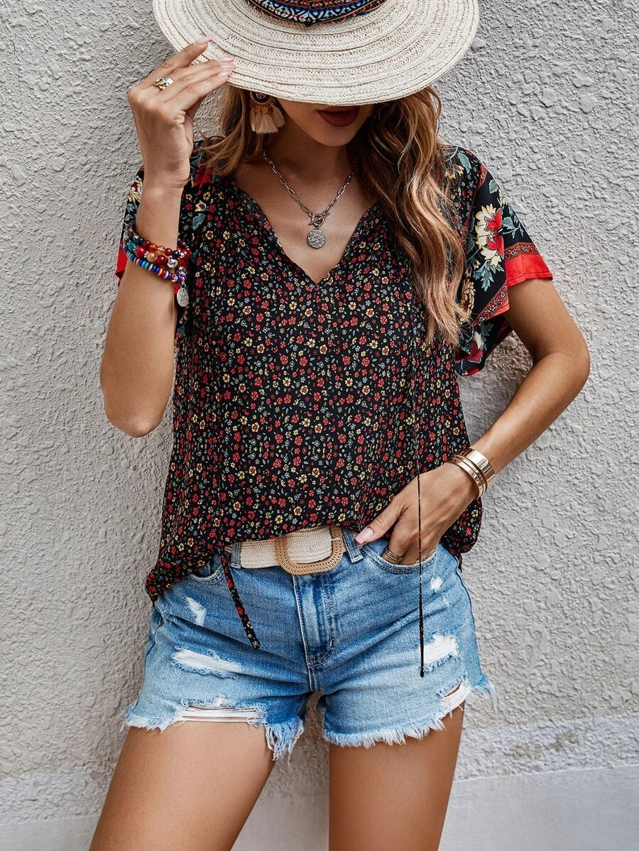 Bohemian style V-neck loose fitting blouse