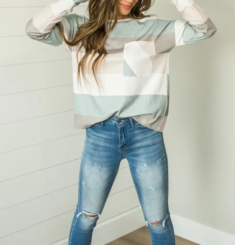 Color Block Ribbed Long Sleeve Top with Pocket