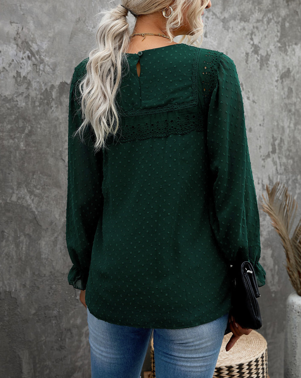 Green Swiss Dot Hollow Out Ruffle Sleeve Blouse