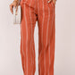 Orange Striped Shirred High Waist Straight Leg Pants