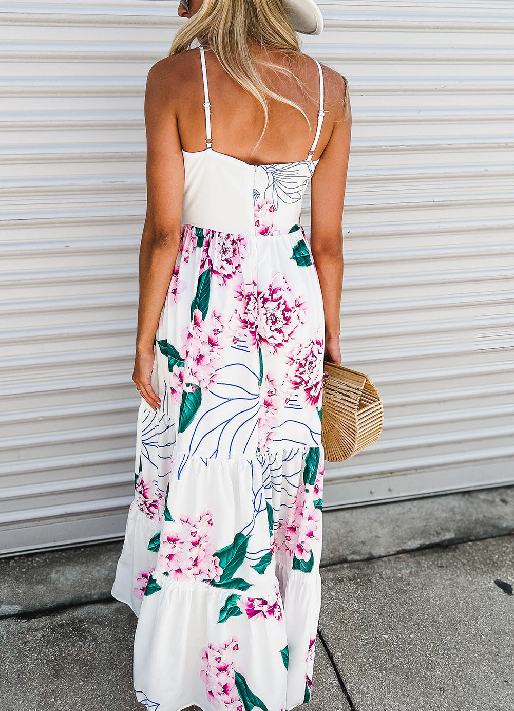 White Floral Twist Cutout Adjustable Straps Maxi Dress