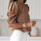 Brown Keyhole Back Puff Sleeve Crew Neck Top