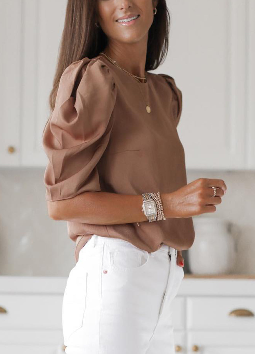 Brown Keyhole Back Puff Sleeve Crew Neck Top