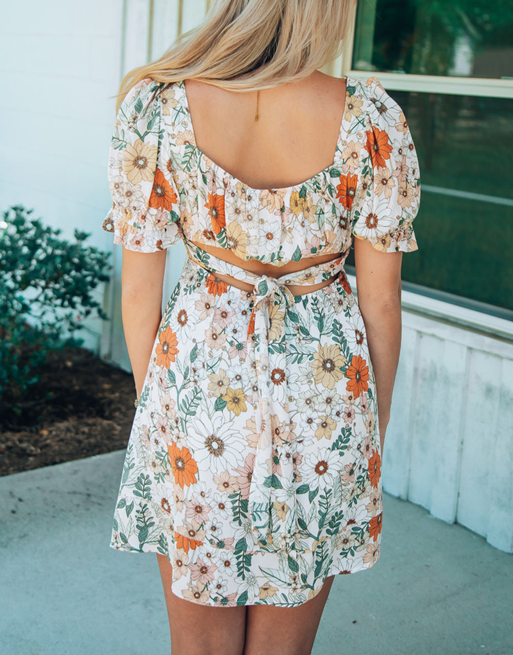 Puff Sleeves Hollow-out Back Floral Print Dress