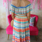 Stripe Print Lace-up Ruffled Off Shoulder Maxi Dress