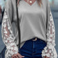 Gray Lace Mesh Flowers Contrast Waffle Knit Top