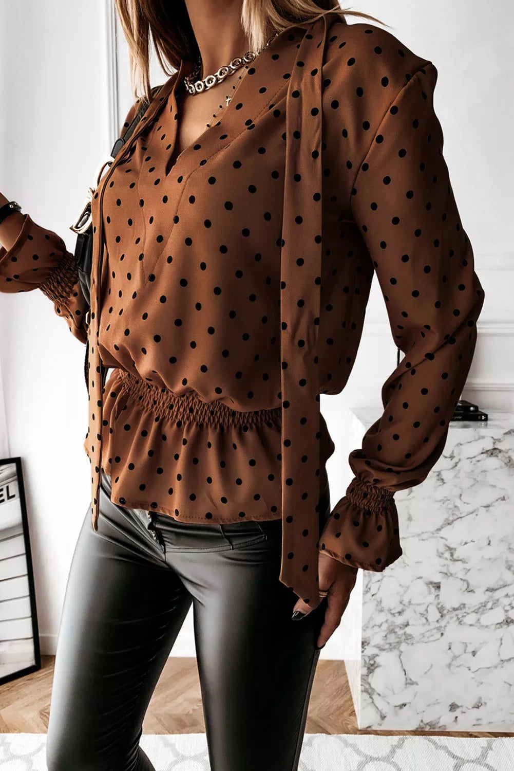 V Neck Tie Polka Dot Ruffled Blouse