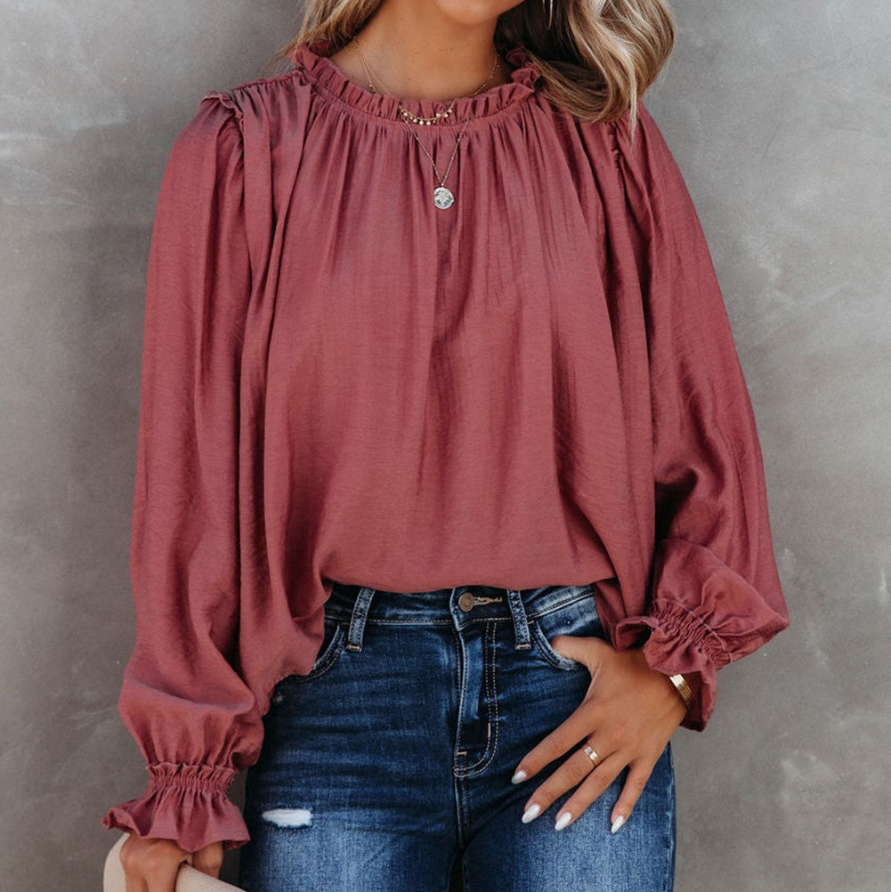 Frilled Neck Ruffled Long Sleeve Blouse