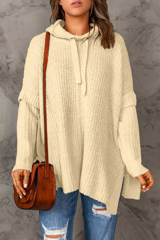 Apricot Waffle Knit Loose Slit Drawstring Hooded Sweater