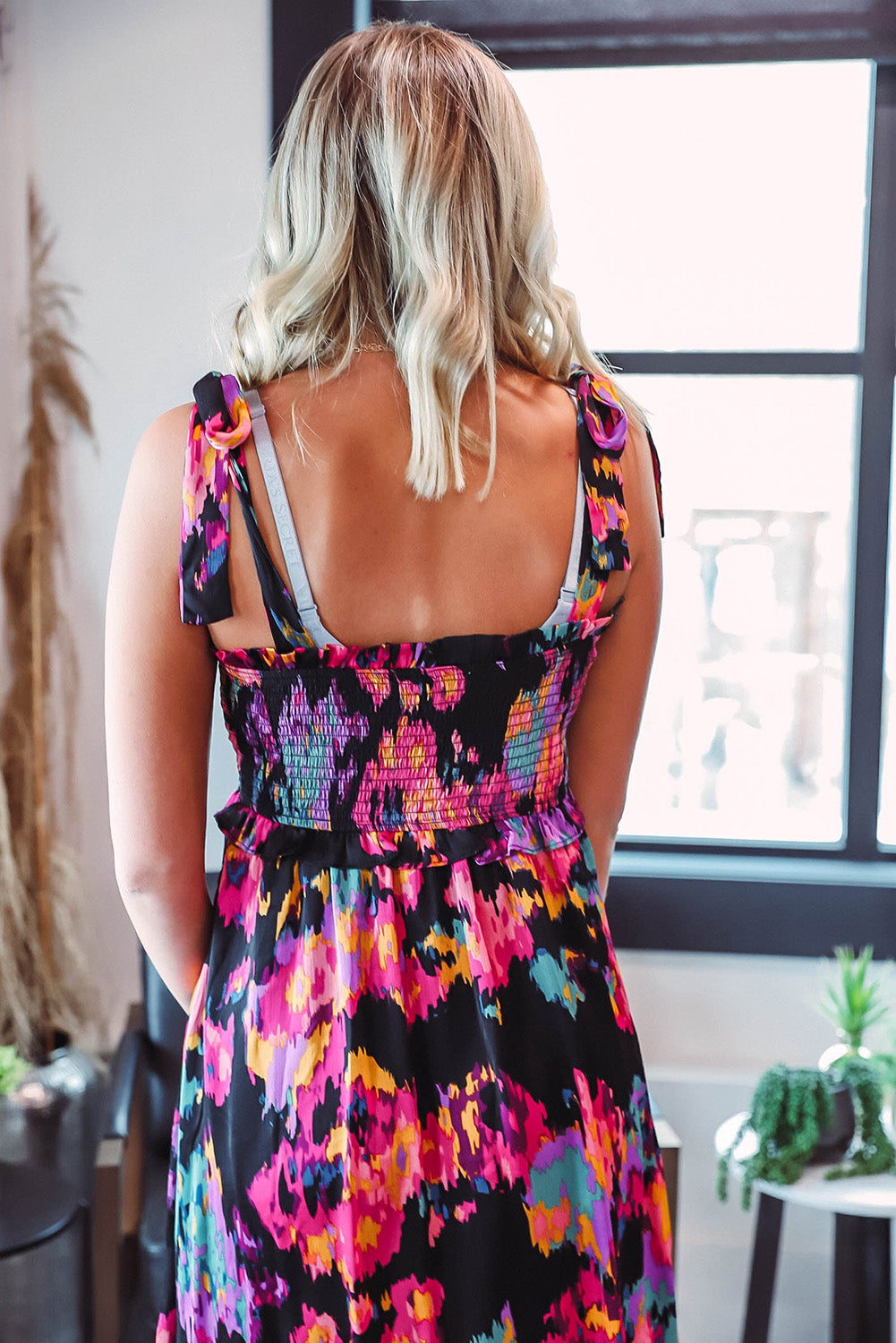 Black Smocked Tie-dye Print Midi Dress