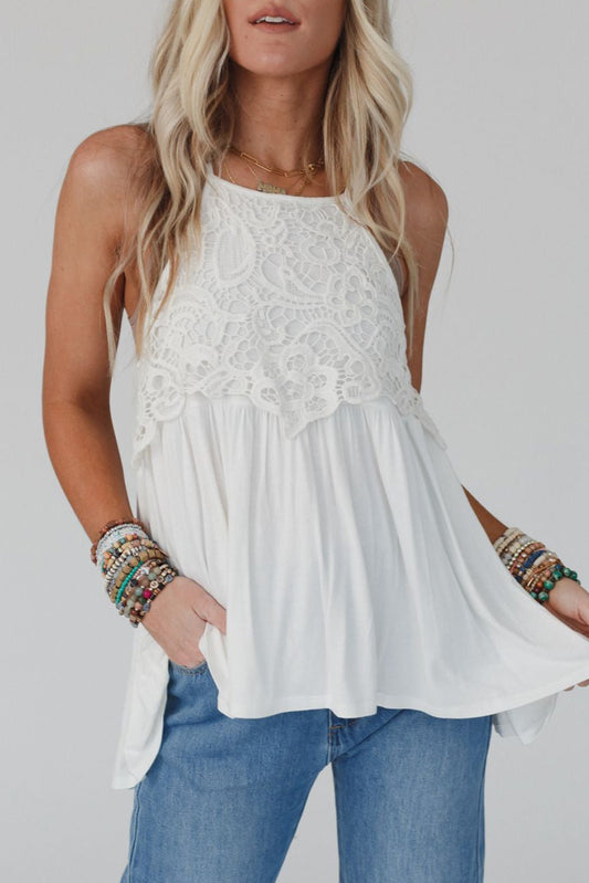 White Lace Splicing Flowy Tank Top