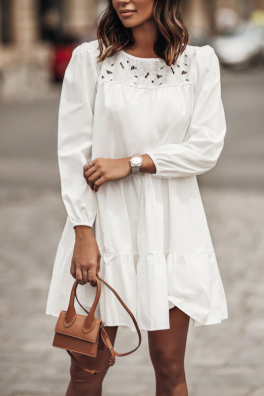 Eyelet Lace Yoke Mini Dress with 3/4 Bubble Sleeves