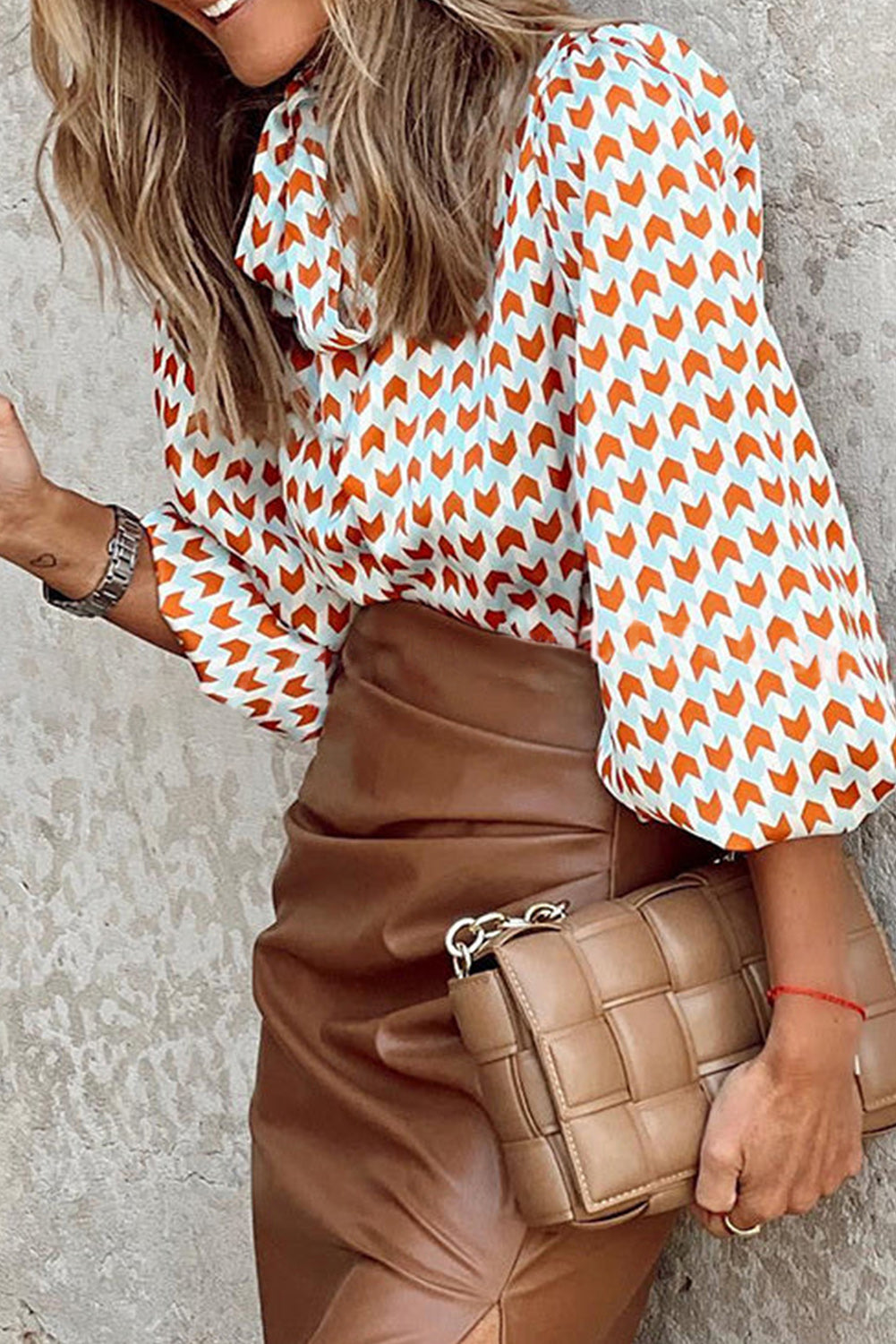 Multicolor Geometric Print Tie Puff Sleeve Blouse