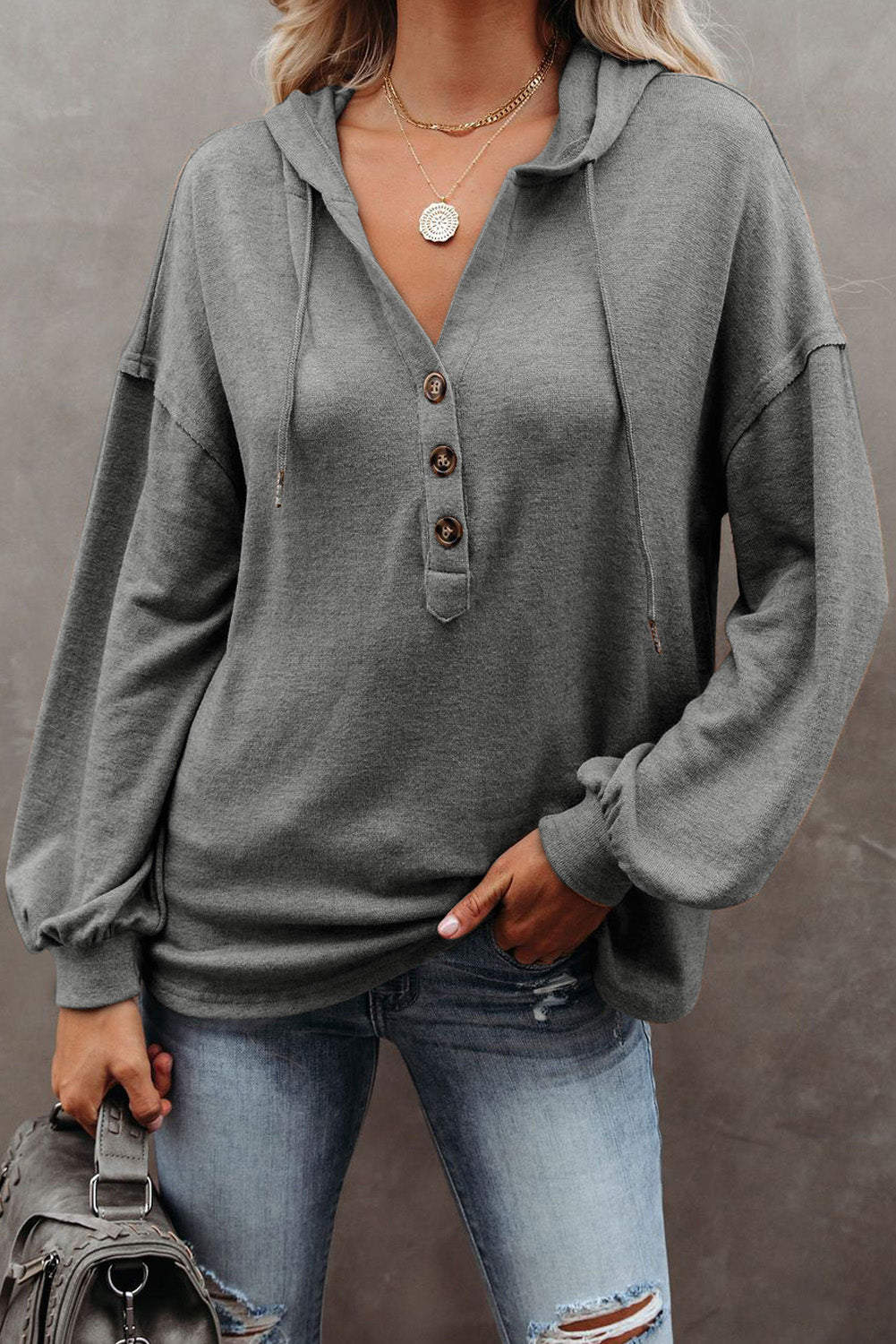 Buttoned High and Low Hem Hoodie