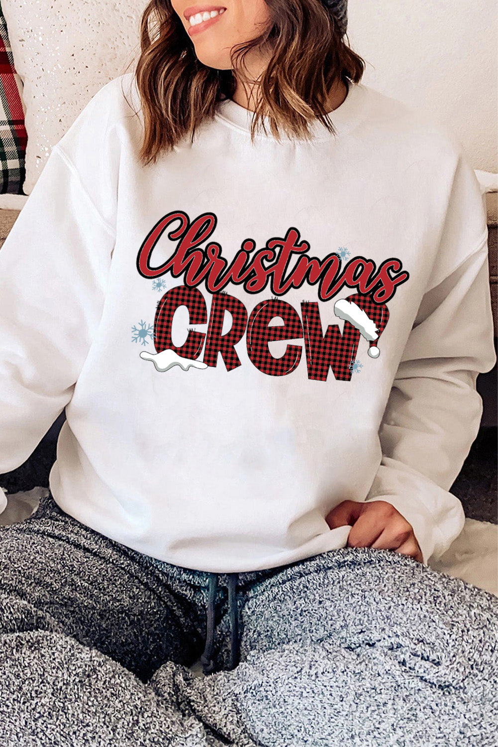 White Christmas Crew Plaid Graphic Print Pullover Sweatshirt