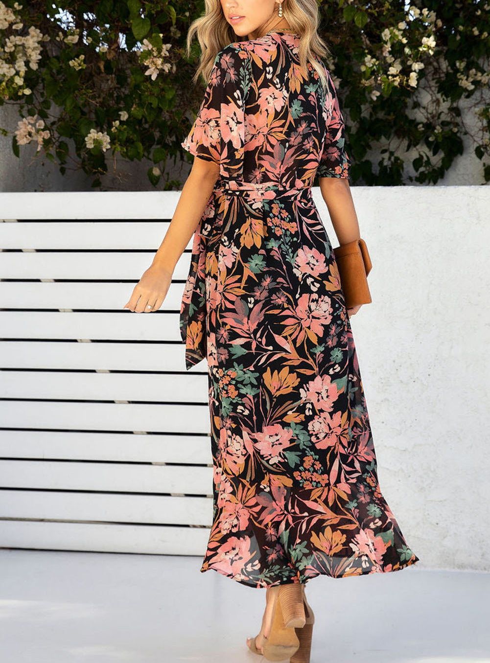 Black Floral Print Knotted Wrapped V Neck Maxi Dress