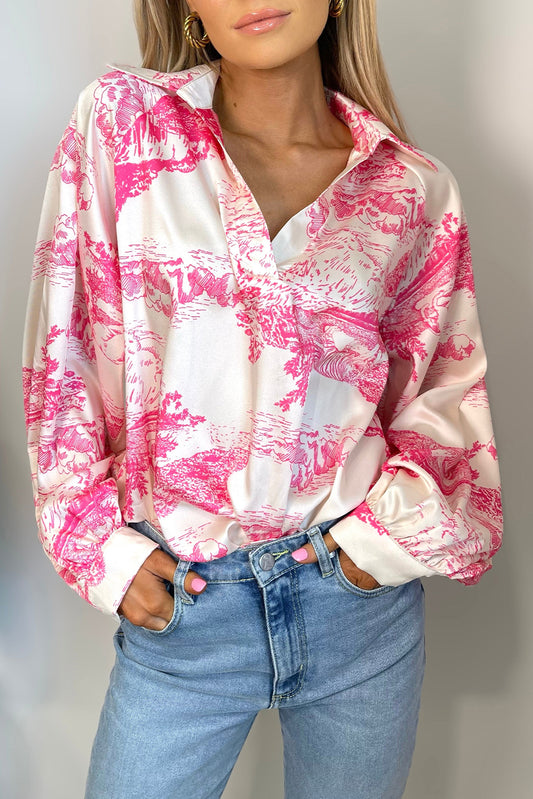White Graphic Print Turn Down Collar Long Sleeve Shirt
