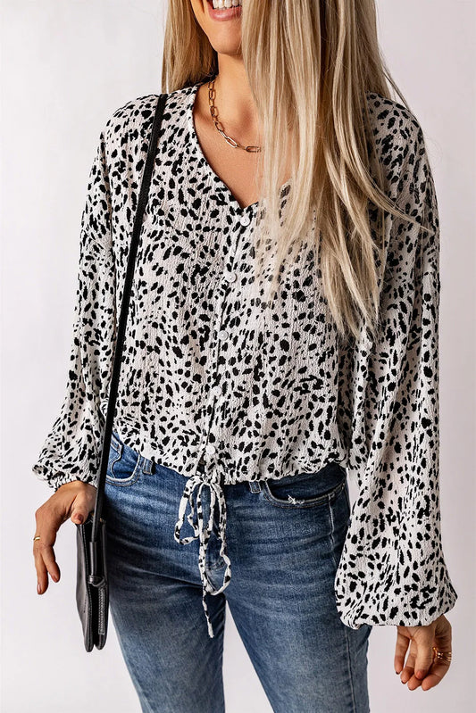 Leopard Print Drawstring Pullover Blouse