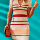 Striped Ribbed Knit V Neck Bodycon Mini Dress