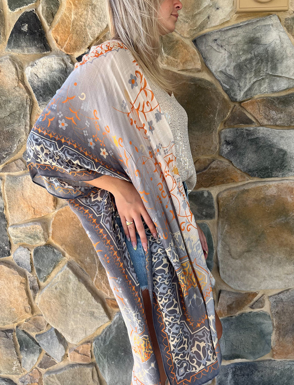 Gray Mandala Fashion Print Half Sleeve Kimono