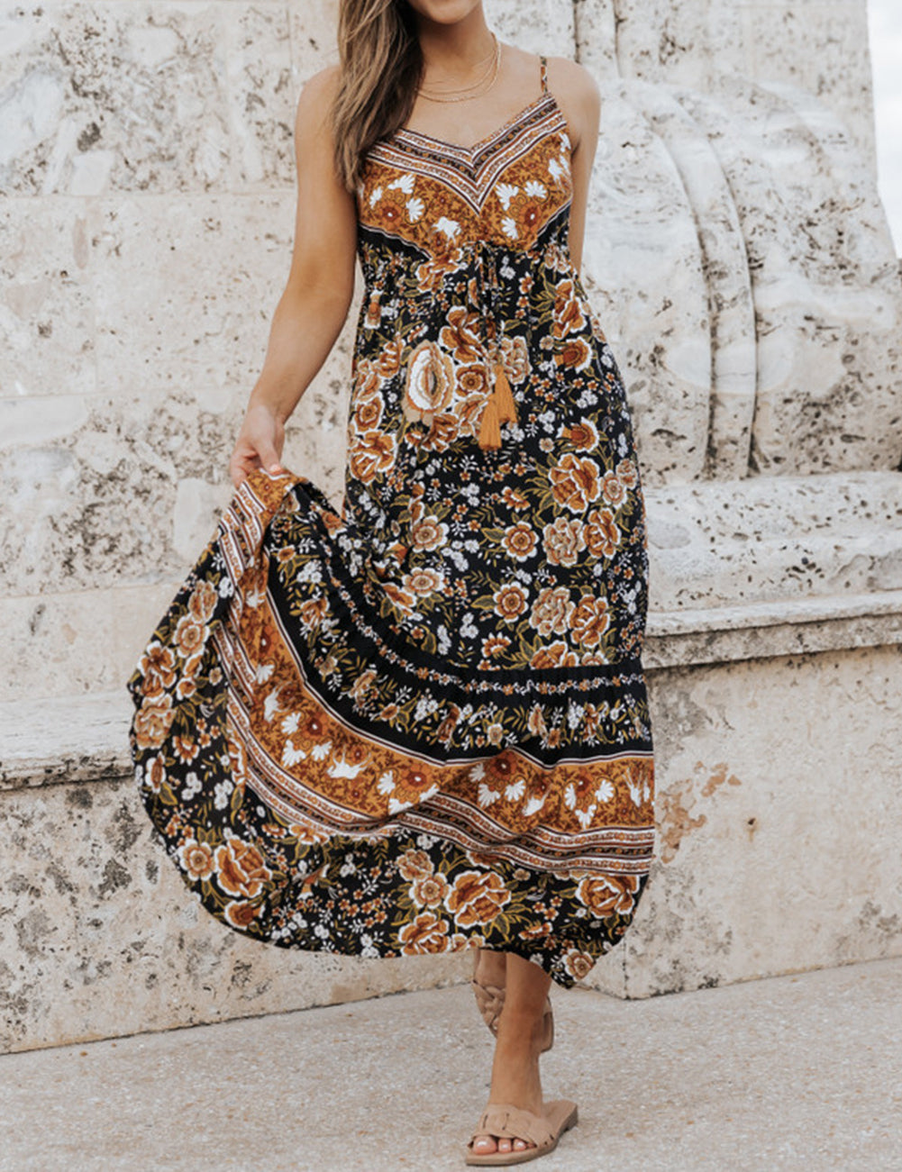 Black Retro Boho Floral Tassel Tie Maxi Dress
