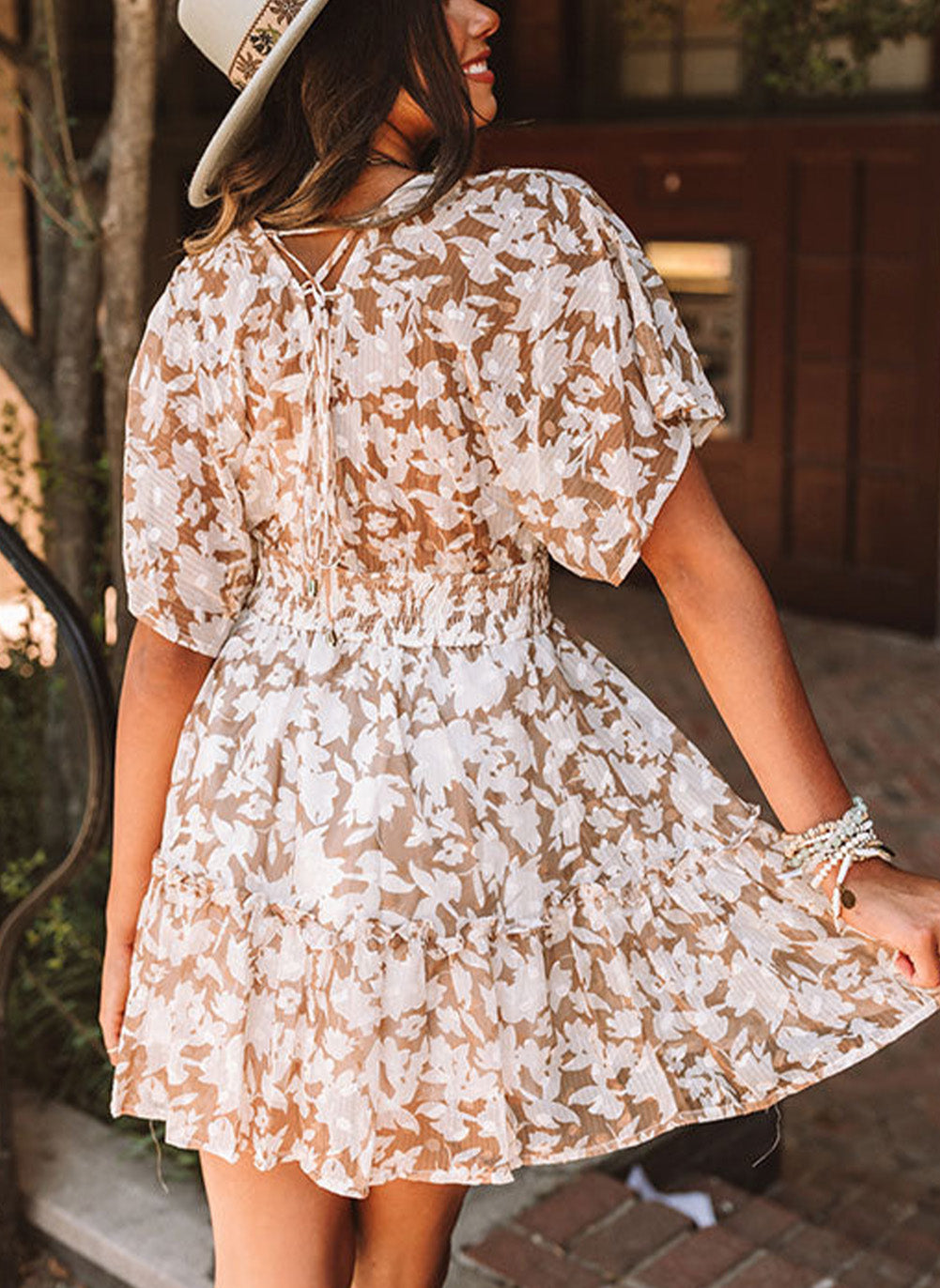 Pink Floral Print Smocked High Waist Deep V Neck Mini Dress