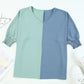 Green Color Block Shirred 3/4 Sleeve V Neck Top