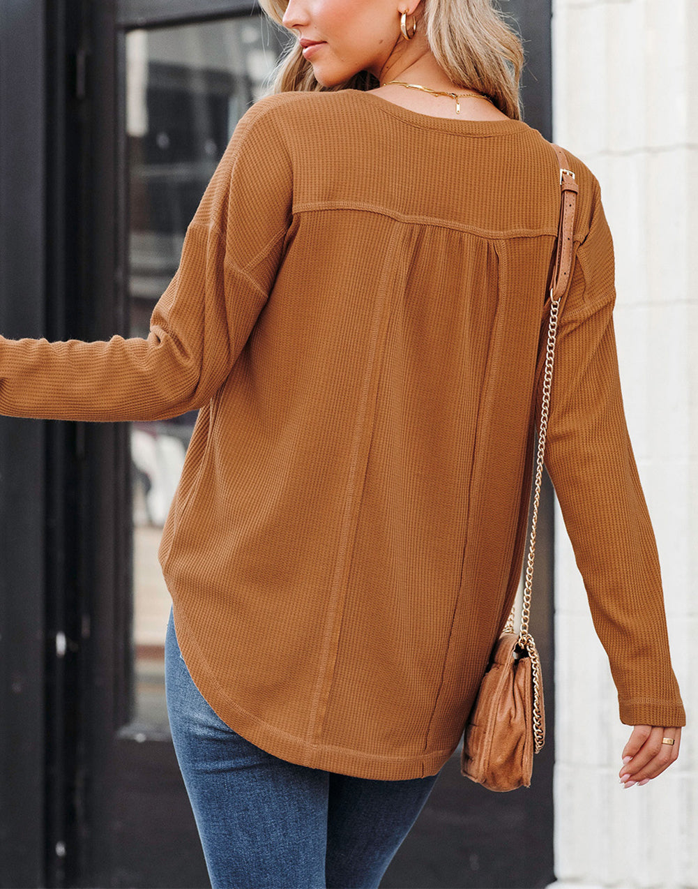 Brown Waffle Knit Half Button Henley Top