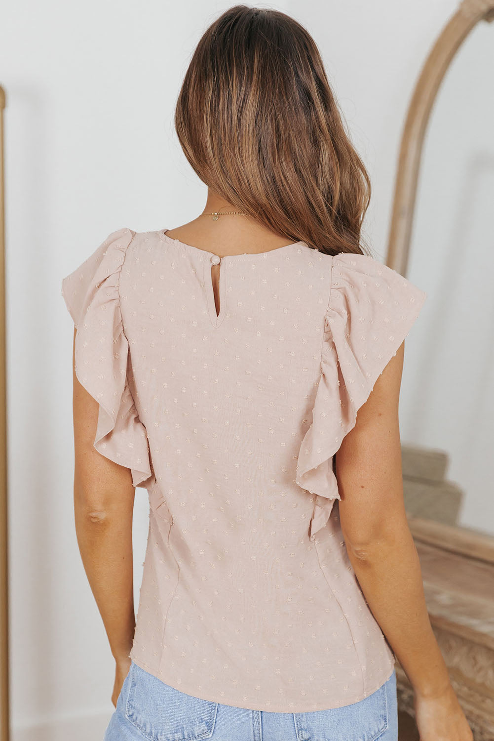 Khaki Swiss Dot Ruffle Armhole Tank Top