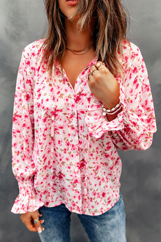 Floral Print Tie V Neck Button Up Blouse