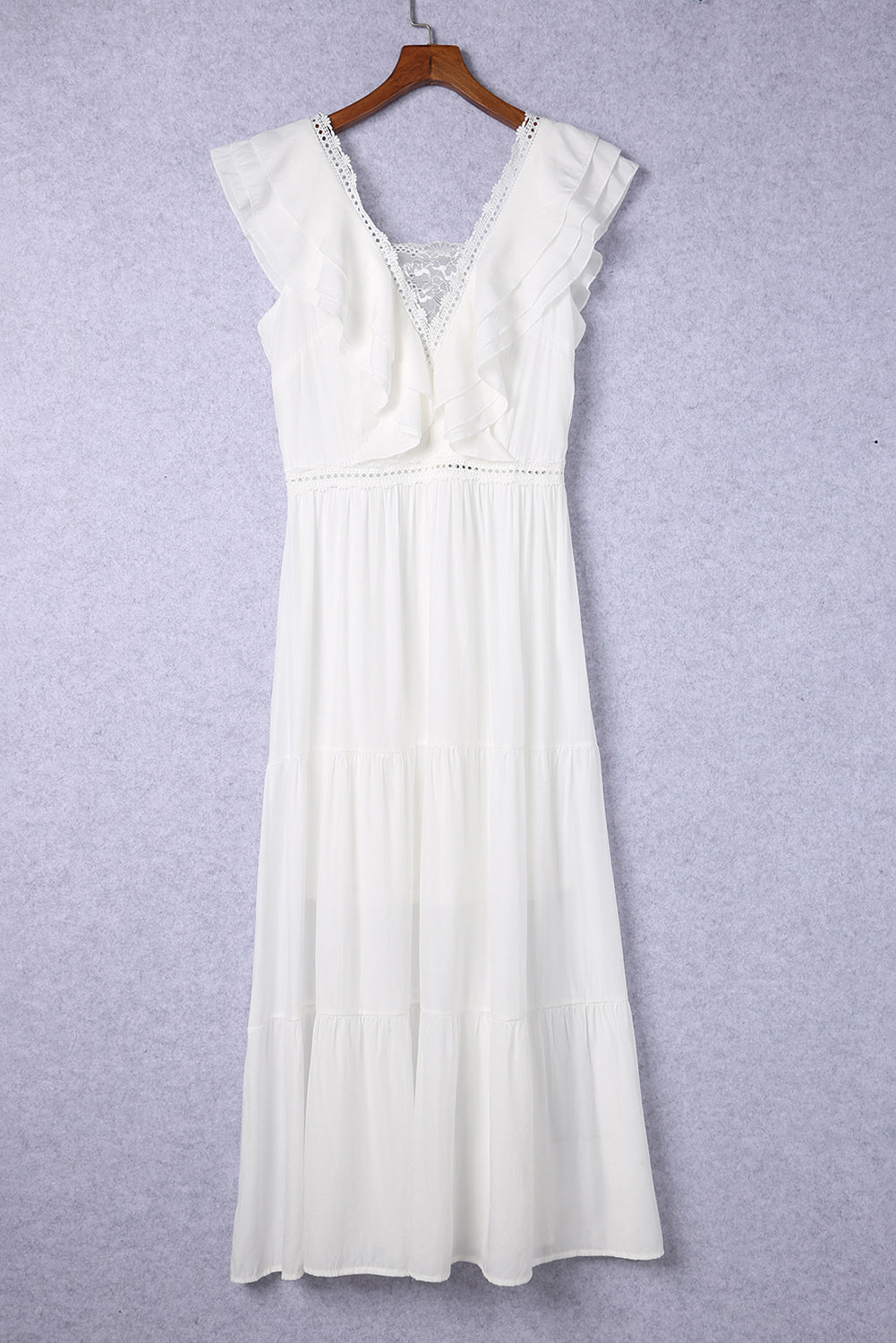White Lace Contrast V Neck Ruffled Maxi Dress