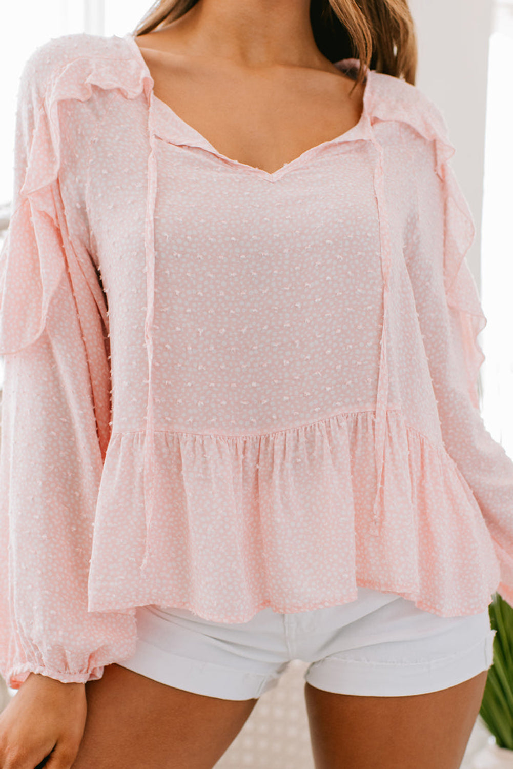 Pink Textured Dotted Ruffle Puffy Sleeve Peplum Blouse