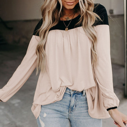 Round Neck Long Sleeve Color Block Tunic Top