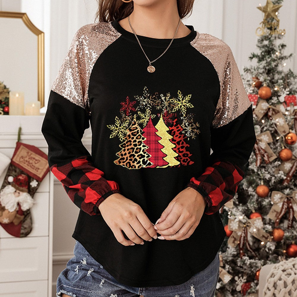 Christmas Tree Graphic Sequin Plaid Long Sleeve Top