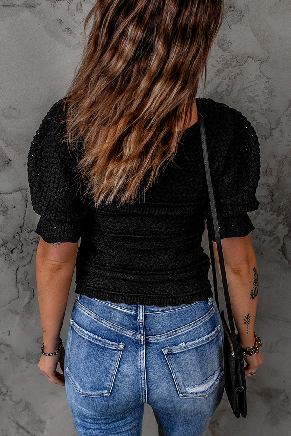 Black Crochet Puff Sleeve Knit Top