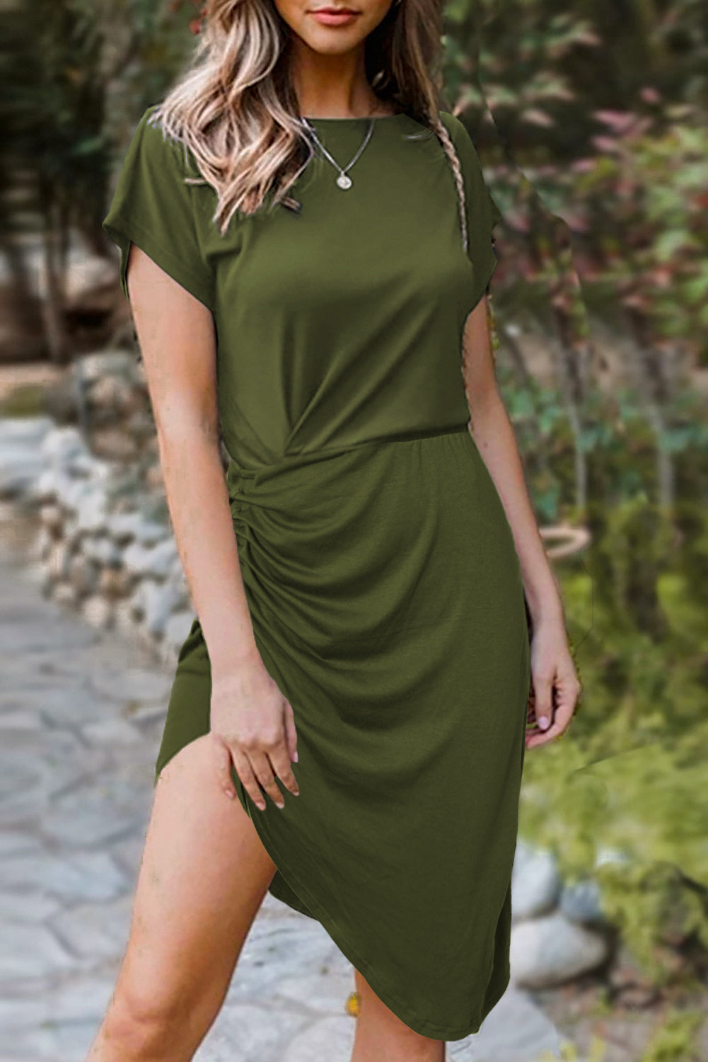 Side Shirring Short Sleeve Mini Dress