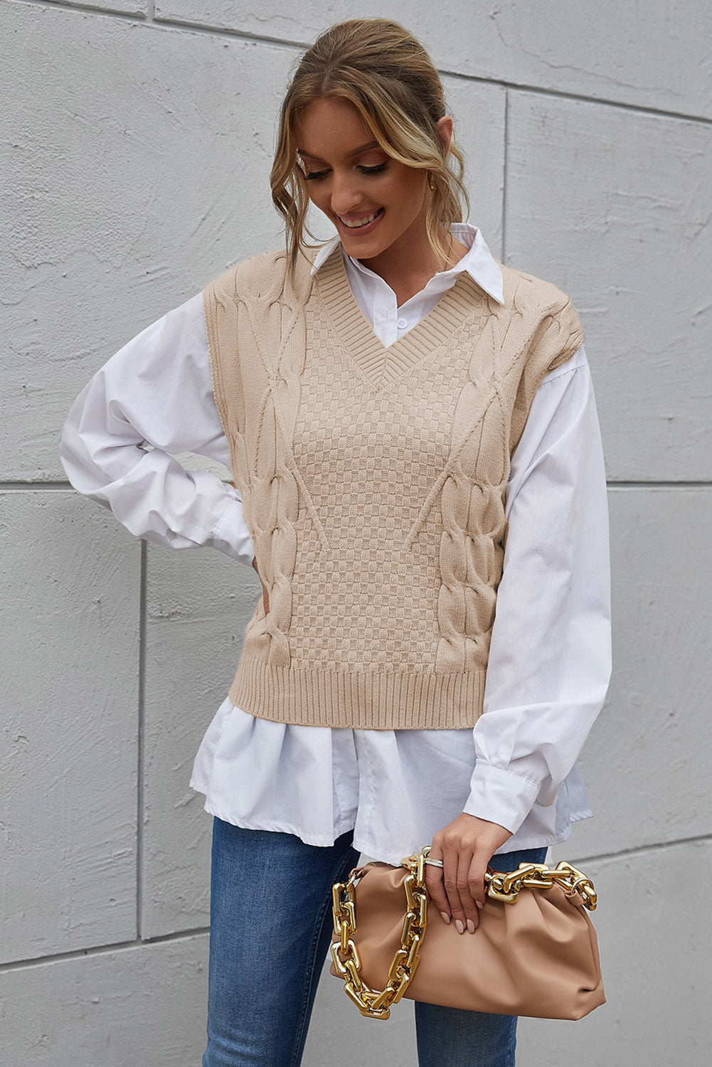 V-Neck Twist Knitted Vest Sweater