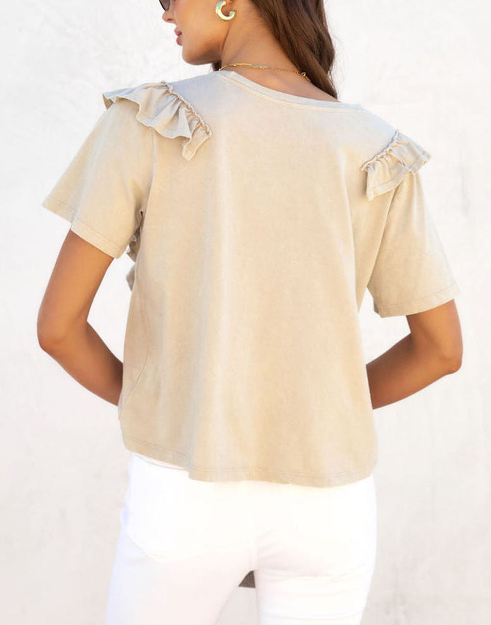Khaki Ruffle Trim Short Sleeve T Shirt