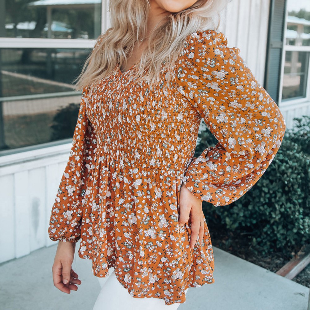 Floral Print Shirred Long Sleeve V Neck Blouse