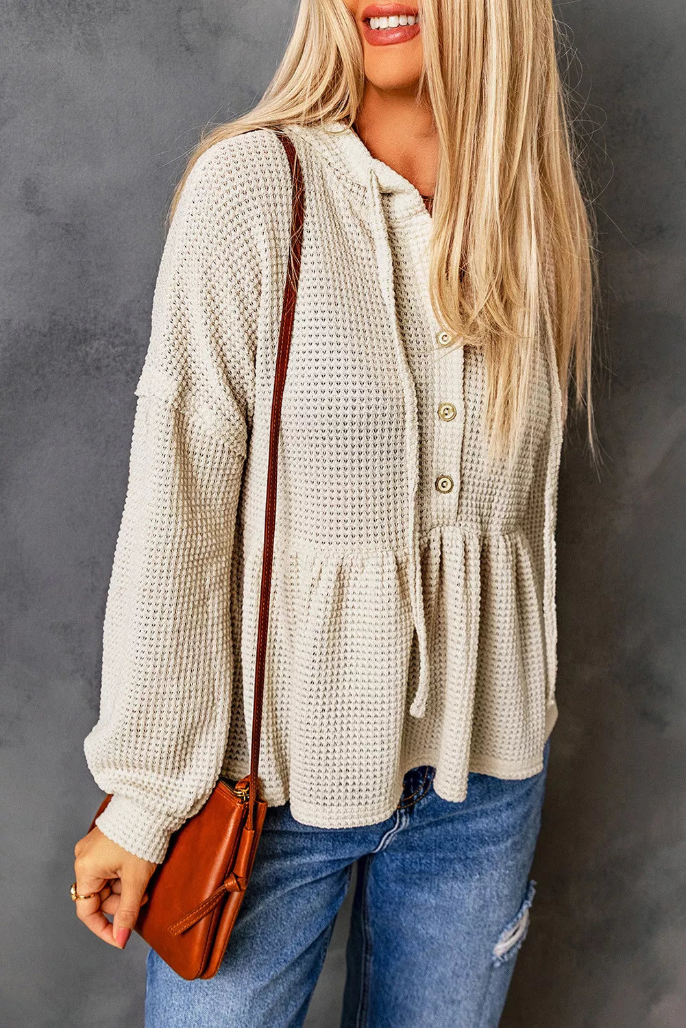 Waffle Knit Buttons Ruffled Hooded Top